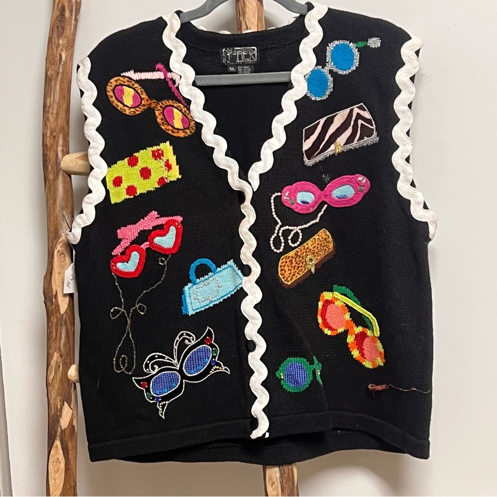 Berek Black Knit Vest with Colorful Embroidered Sunglasses Appliqué Design XL